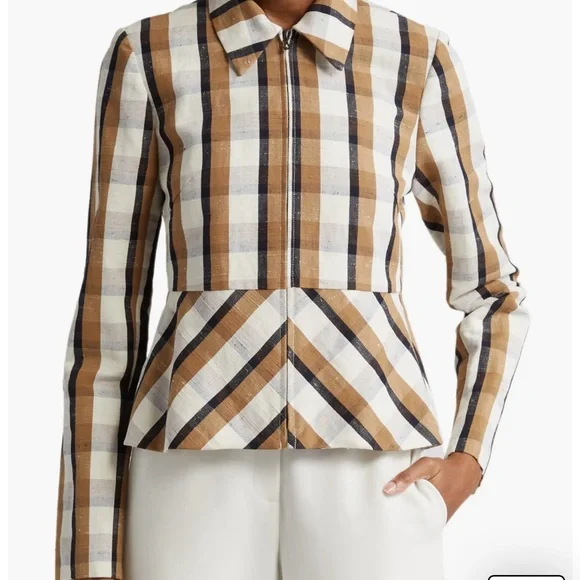 LELA ROSE Plaid Linen & Cotton Crop Jacket in Natural Multi